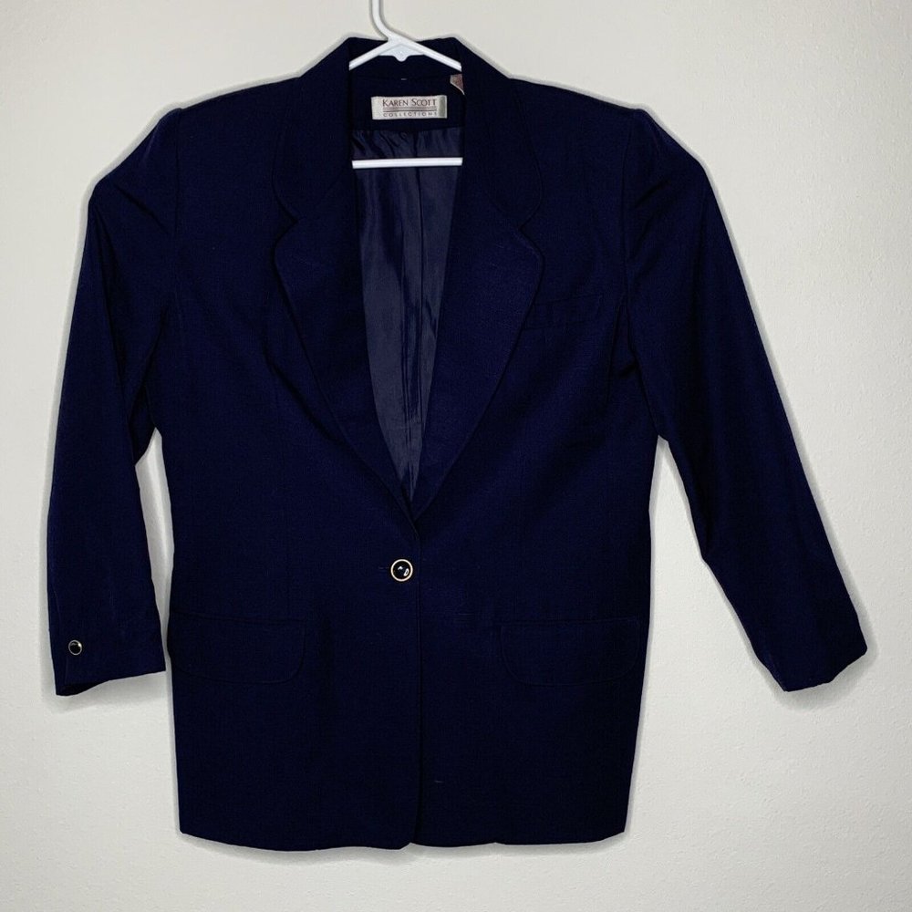 Karen Scott Blazer Jacket Womens 14 Lined Black Pockets Shoulder Pads One Button